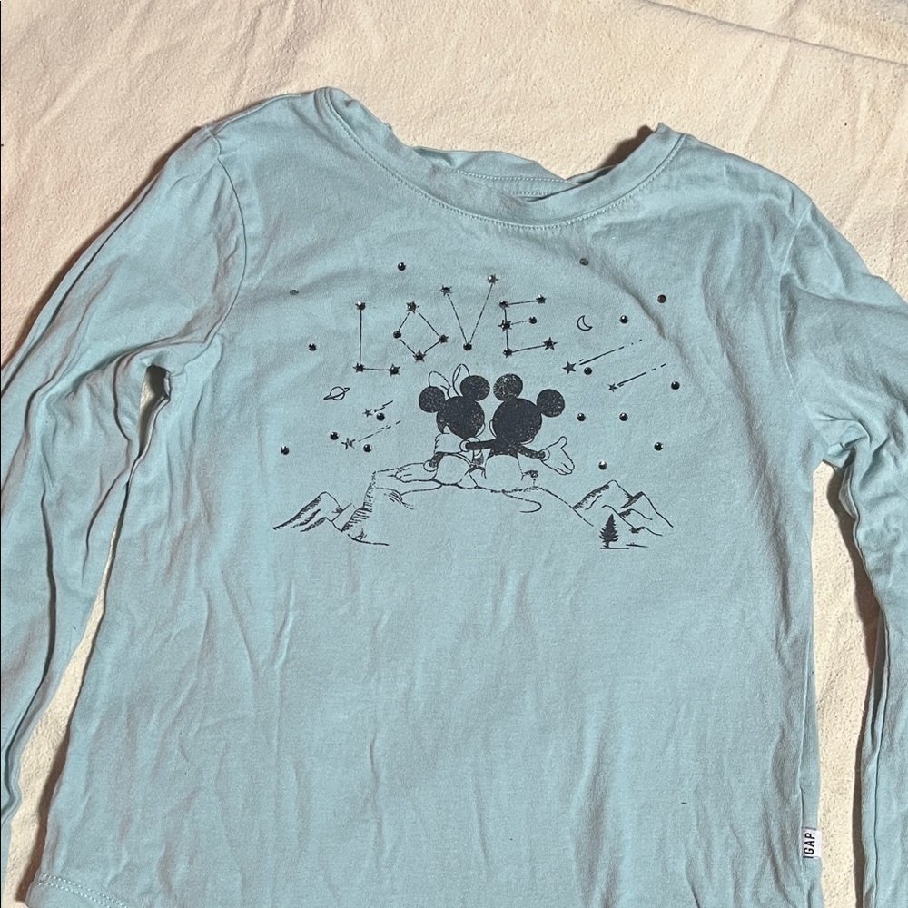 GAP Disney Sky Blue Long Sleeve Tee with Love and Mouse Graphic